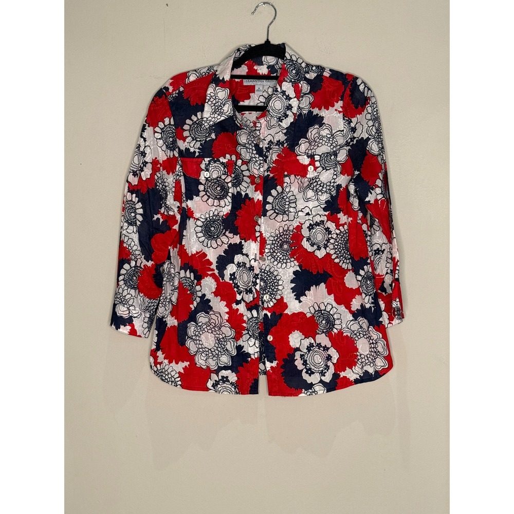 Samantha‎ Grey Floral Print Button Down Top Red Blue White Size 16 Comfy Casual